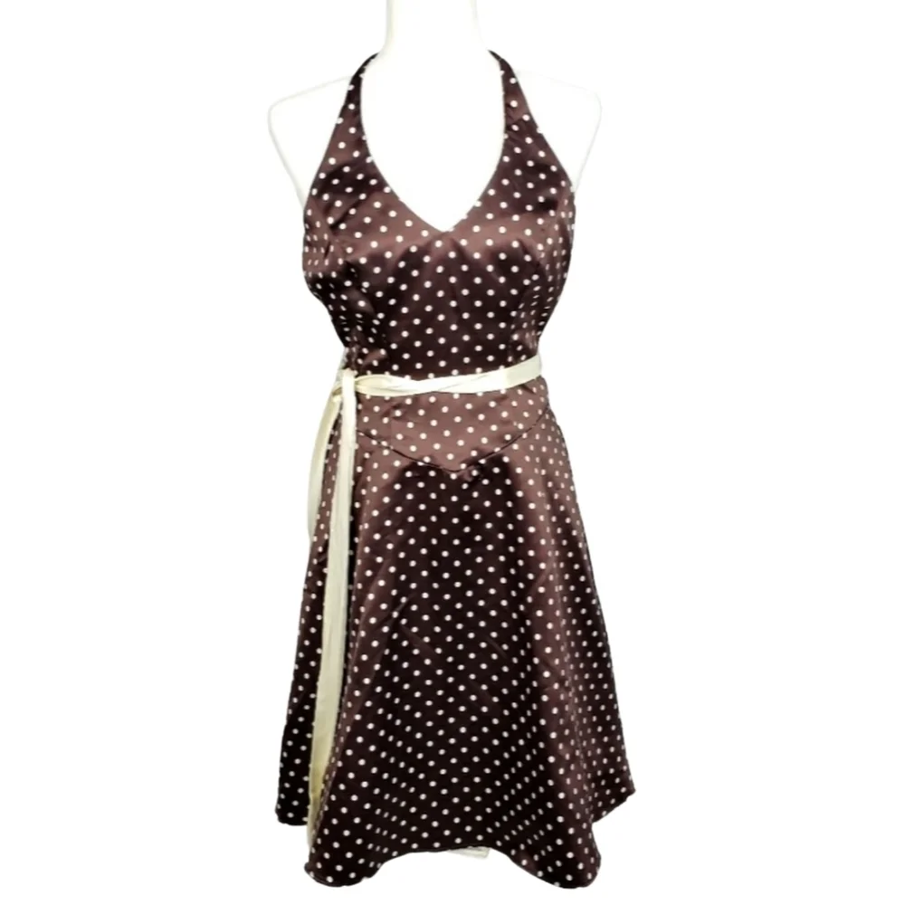 brown and white polka dot halter dress Ecowish Brown and White Polka Dot Halter High Low Dress main image 1